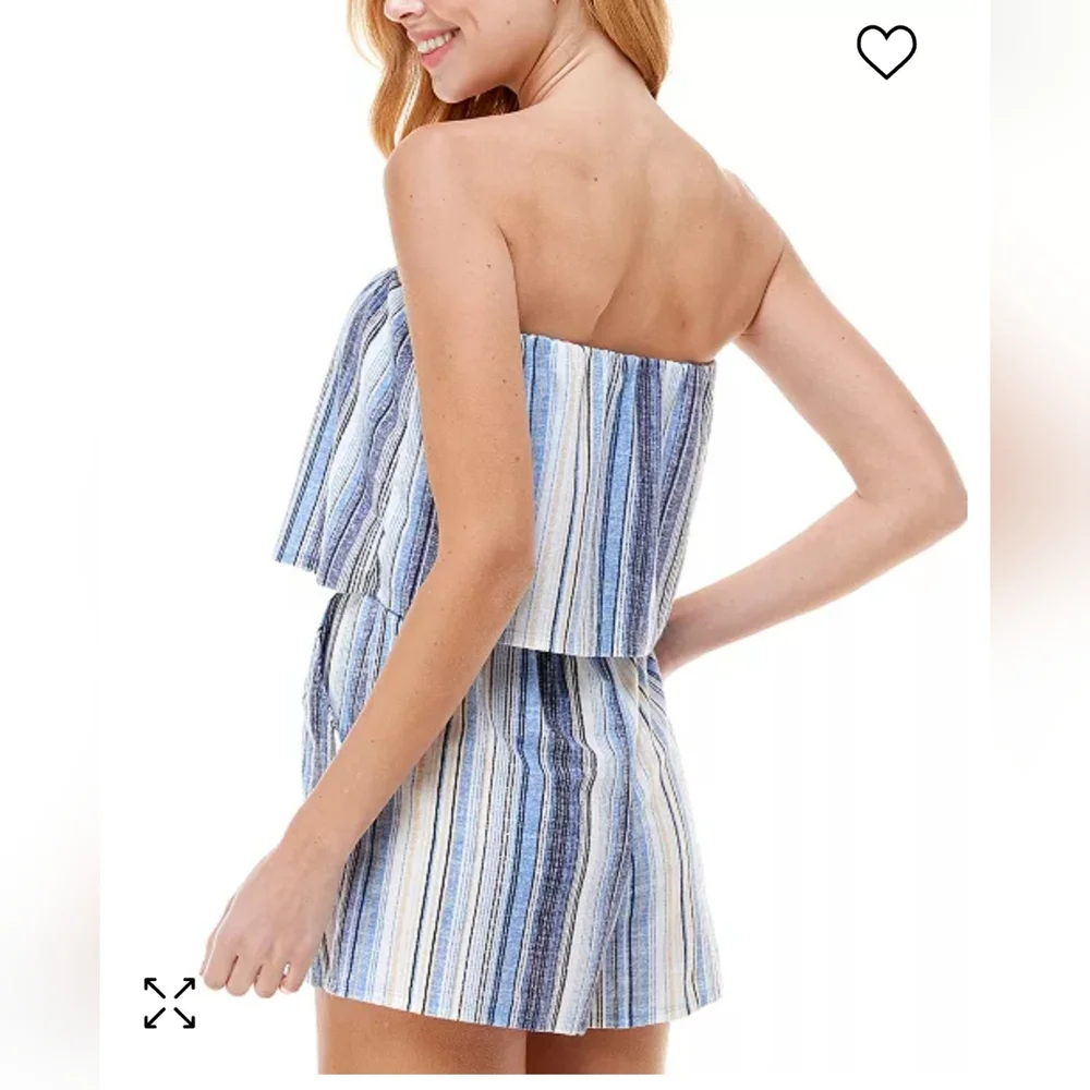 BeBop Blue White Striped Tube Top Romper XL  Elastic Waist, Pockets, 2.5" Inseam - Picture 2 of 6